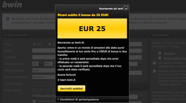 Bonus di registrazione bwin scommesse