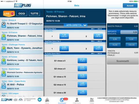 Screenshot dell'app Betflag per iPad