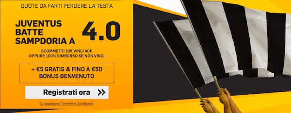 Quota maggiorata Betfair per Juventus vs. Sampdoria del 14 maggio