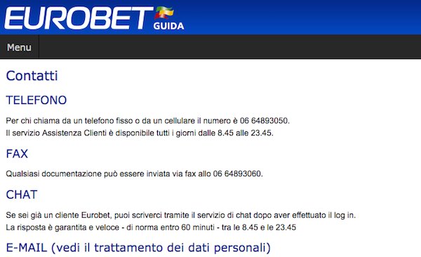 Metodi di contatto e supporto Eurobet