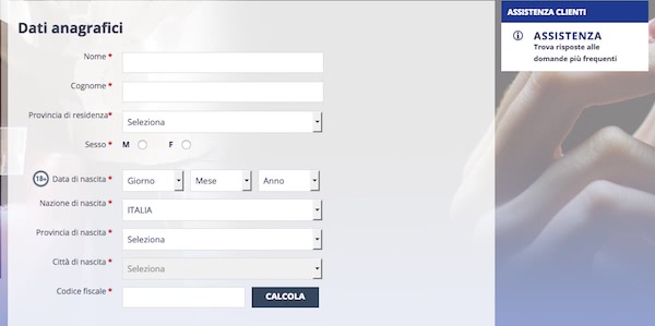 Schermata della pagina di registrazione a Eurobet