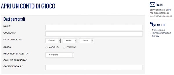 Schermata della pagina di registrazione a Snai