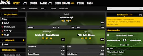 Screenshot del palinsesto bwin per le scommesse