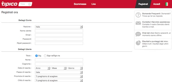 Schermata della pagina di registrazione a Tipico