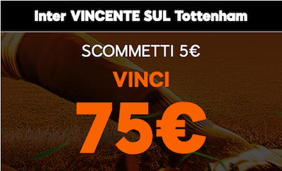 Scommetti Inter Tottenham su 888Sport, se l'Inter vince ottieni 75 Euro