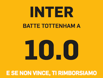 Punta Tottenham Inter su Betfair a quota 10.0 con rimborso 100%