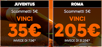 Scommetti Juventus Roma 888sport e vinci dai 35 Euro ai 205 Euro con soli 5 Euro di puntata